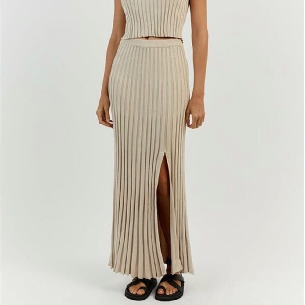 Dissh Ada Pleated Rib Knit Midi Maxi Skirt Slit Stone Size Small - Picture 2 of 8